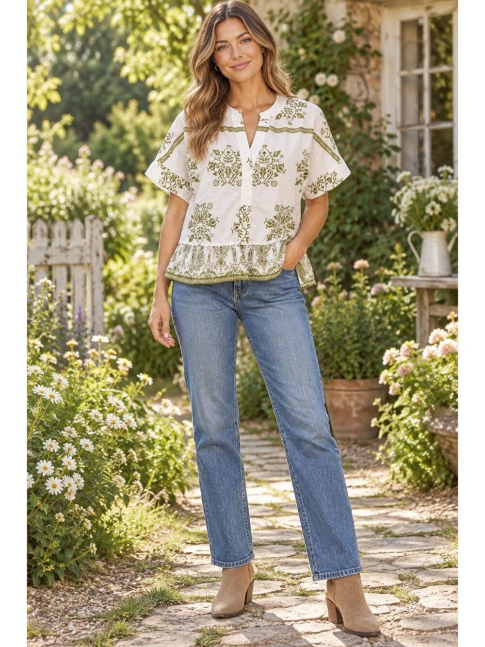 CeCe White and Green Damask Print Button-Front Peplum Blouse Size M Cottagecore